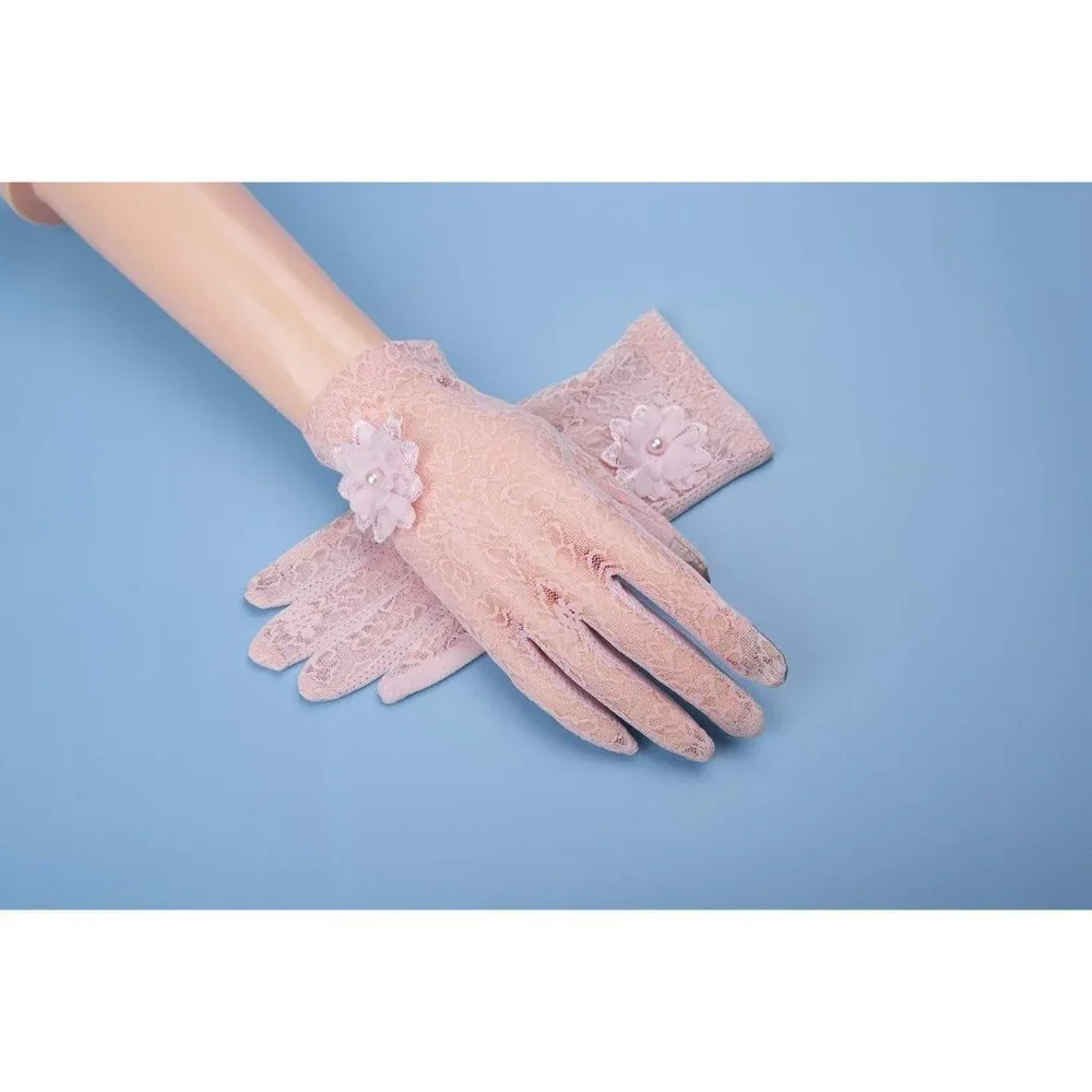 Women's Summer Sun Protection Pink Short Flower Floral Embroider Lace Gloves